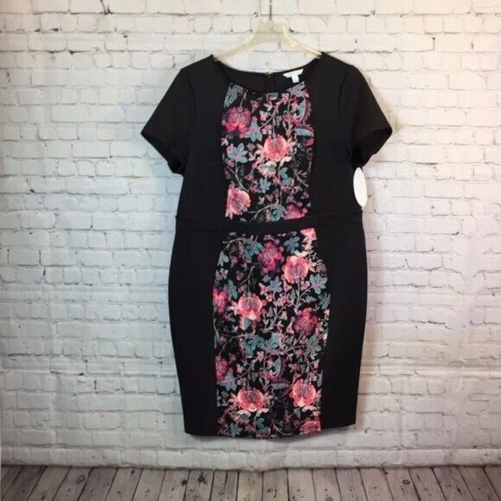 NWT Boutique Dress Black w/ Floral Panel Color Block Short Sleeve  2X